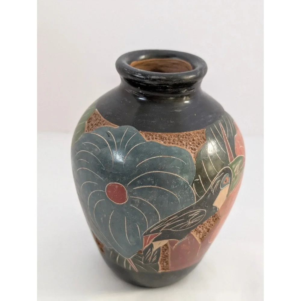 Vintage Folk Art Pottery Vase Bird Butterfly Flowers Black Clay Sgraffito